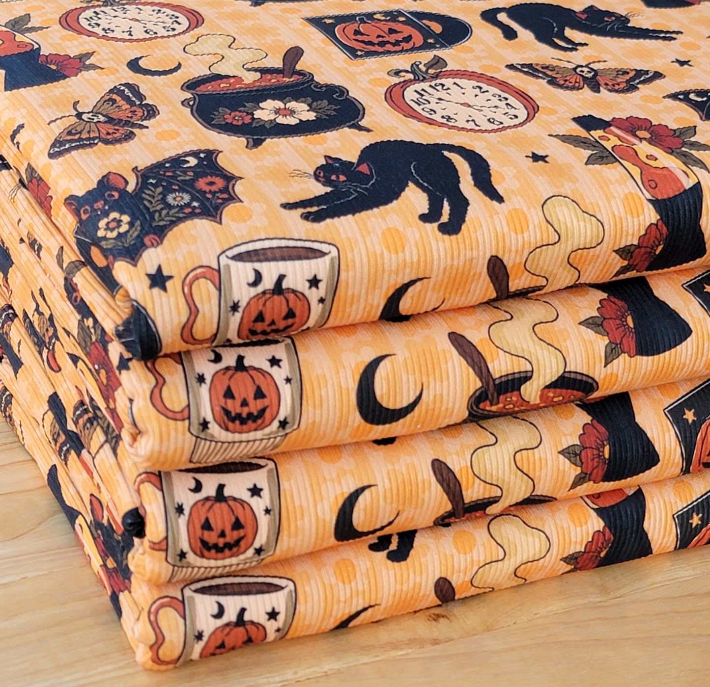 2x2 Yummy Rib Black Cats Bats & Halloween Pumpkins Print