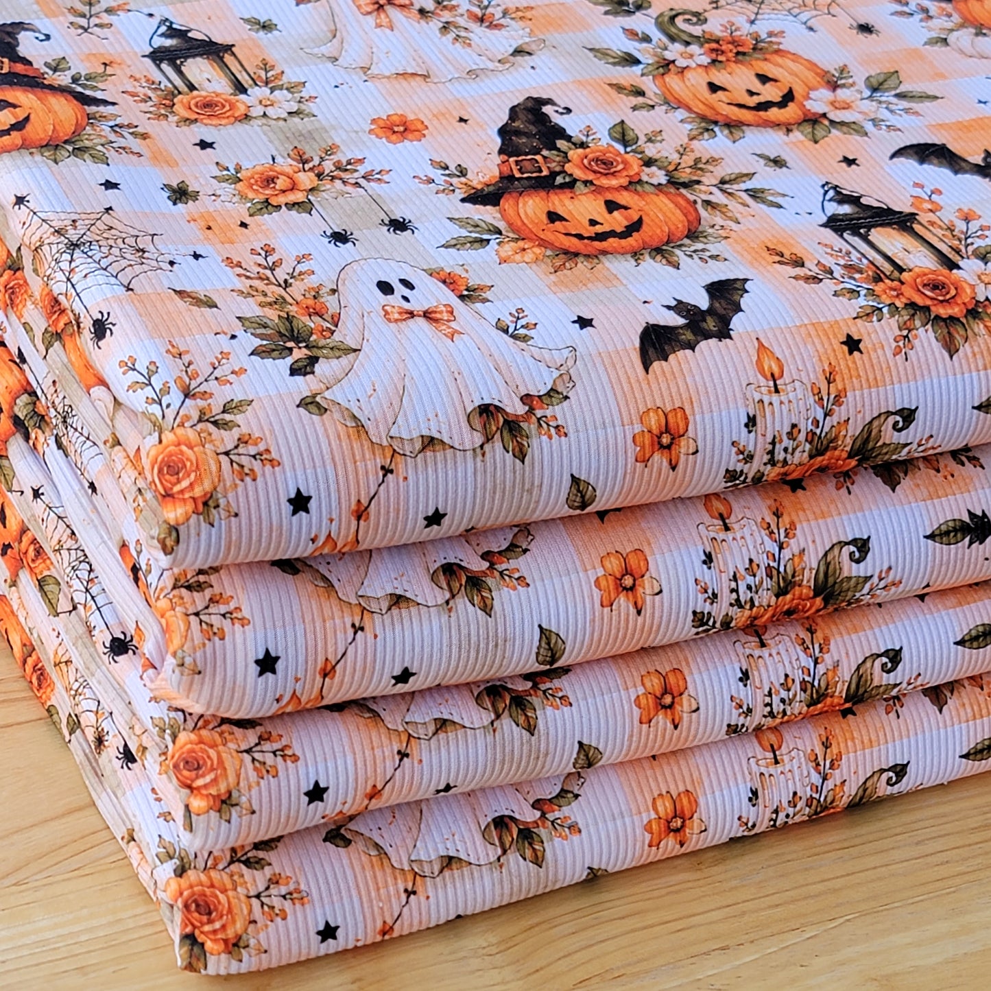 2x2 Yummy Rib Halloween Gingham Ghost & Jack O Lanter Print