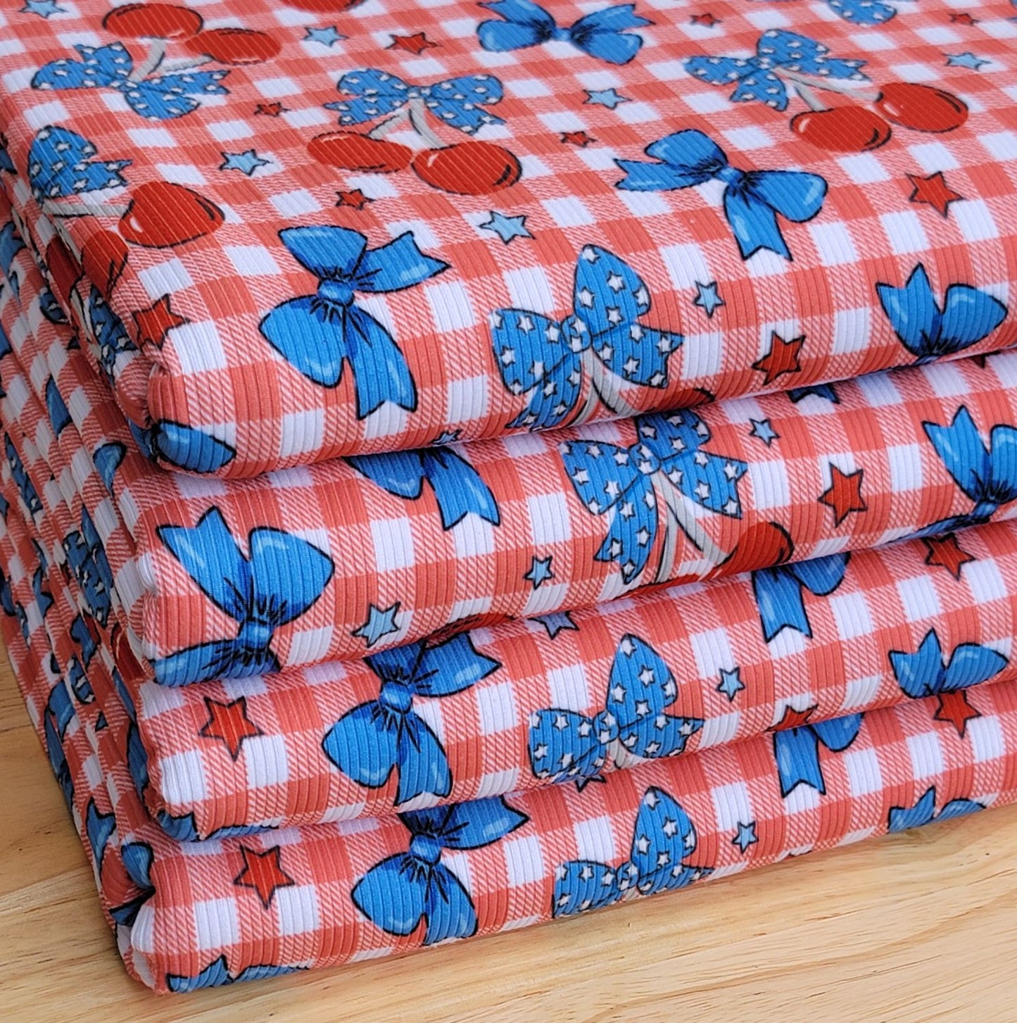 2x2 yummy rib Red Gingham Cherries & Bows Print
