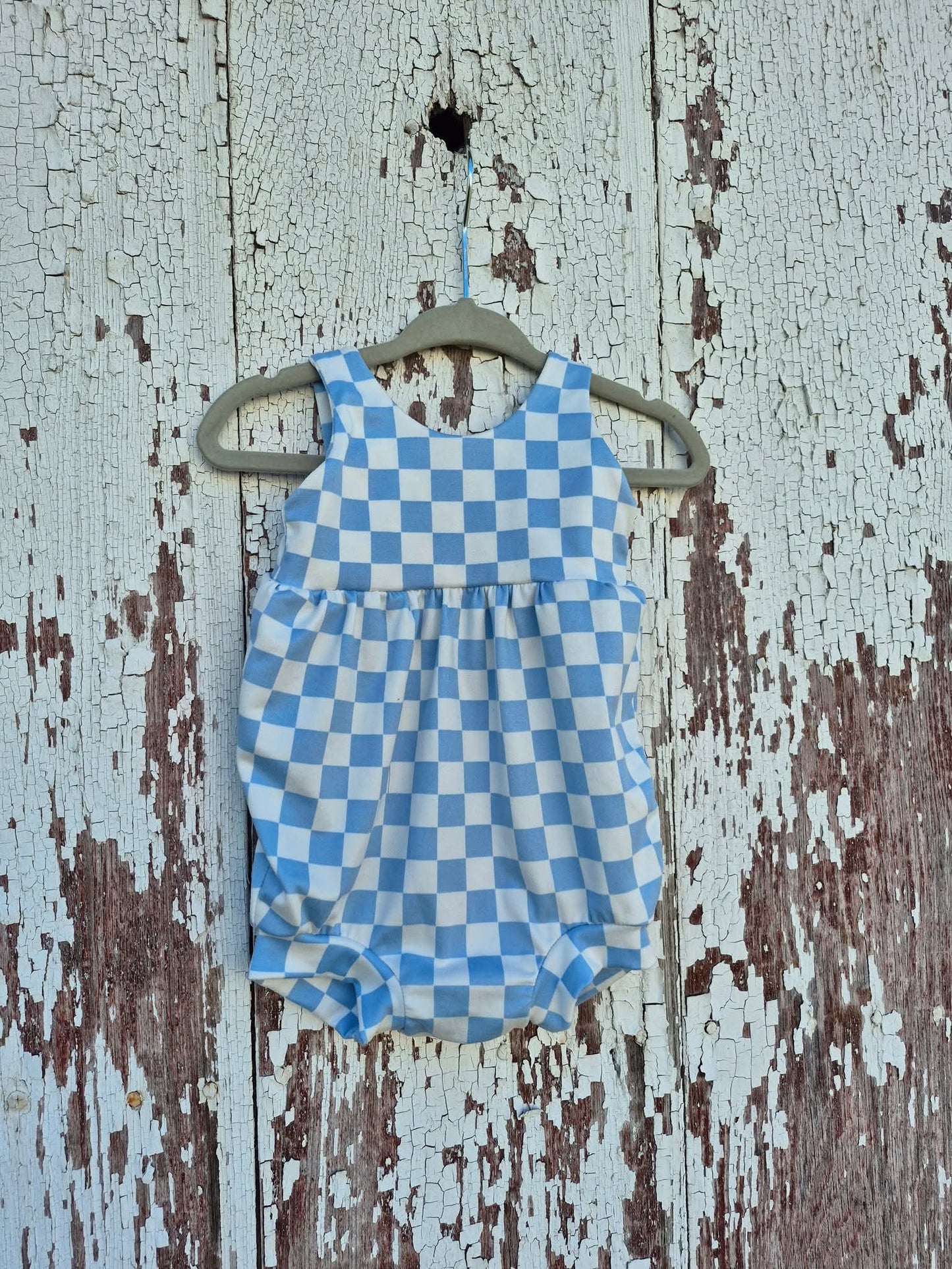 Double Brush Poly Checkered Blue & Off-white Print