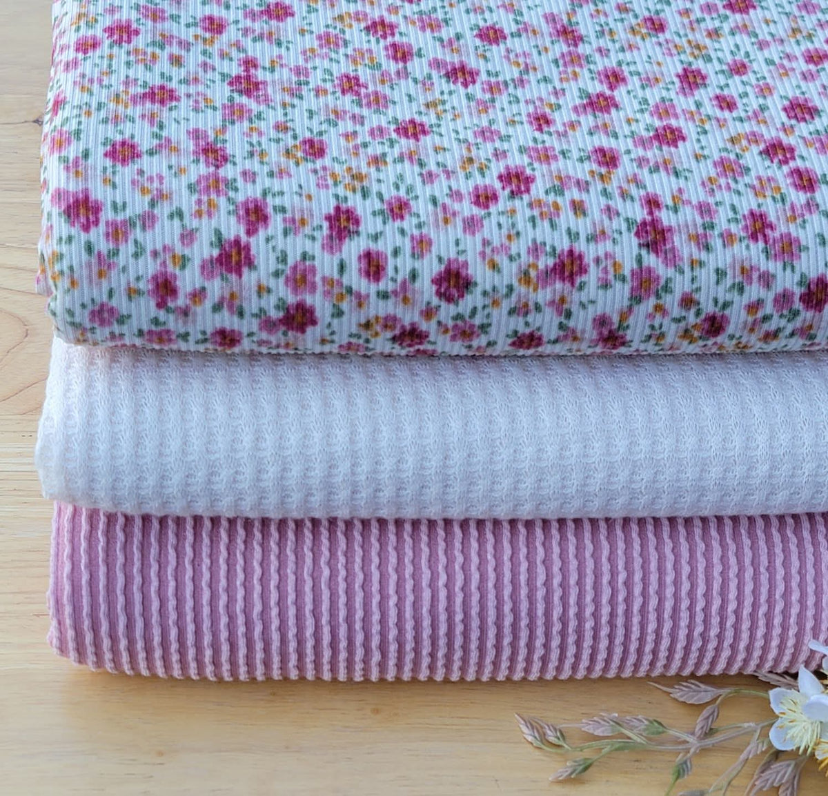 Set of 3 Floral Rib, Ivory Waffle & Rose Urban Rib