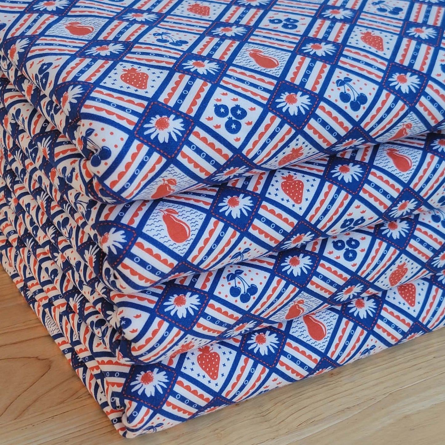 Cotton French Terry Red White & blue Fruity print