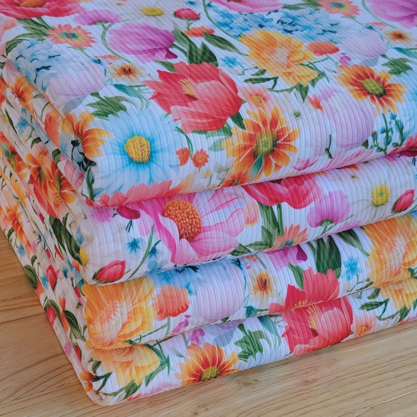 4x2 Yummy Rib Bright Orange Turquoise Floral Print