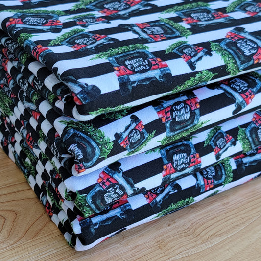 Cotton Lycra Black & White Stripes Christmas Jeeps