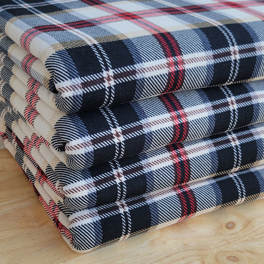 Sweater Knit Fabric Plaid Black, Red & Off-white