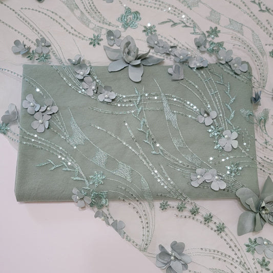 1 Yard Solid Yummy Rib & 1 Yard Novelty Sage Mesh 3D Floral