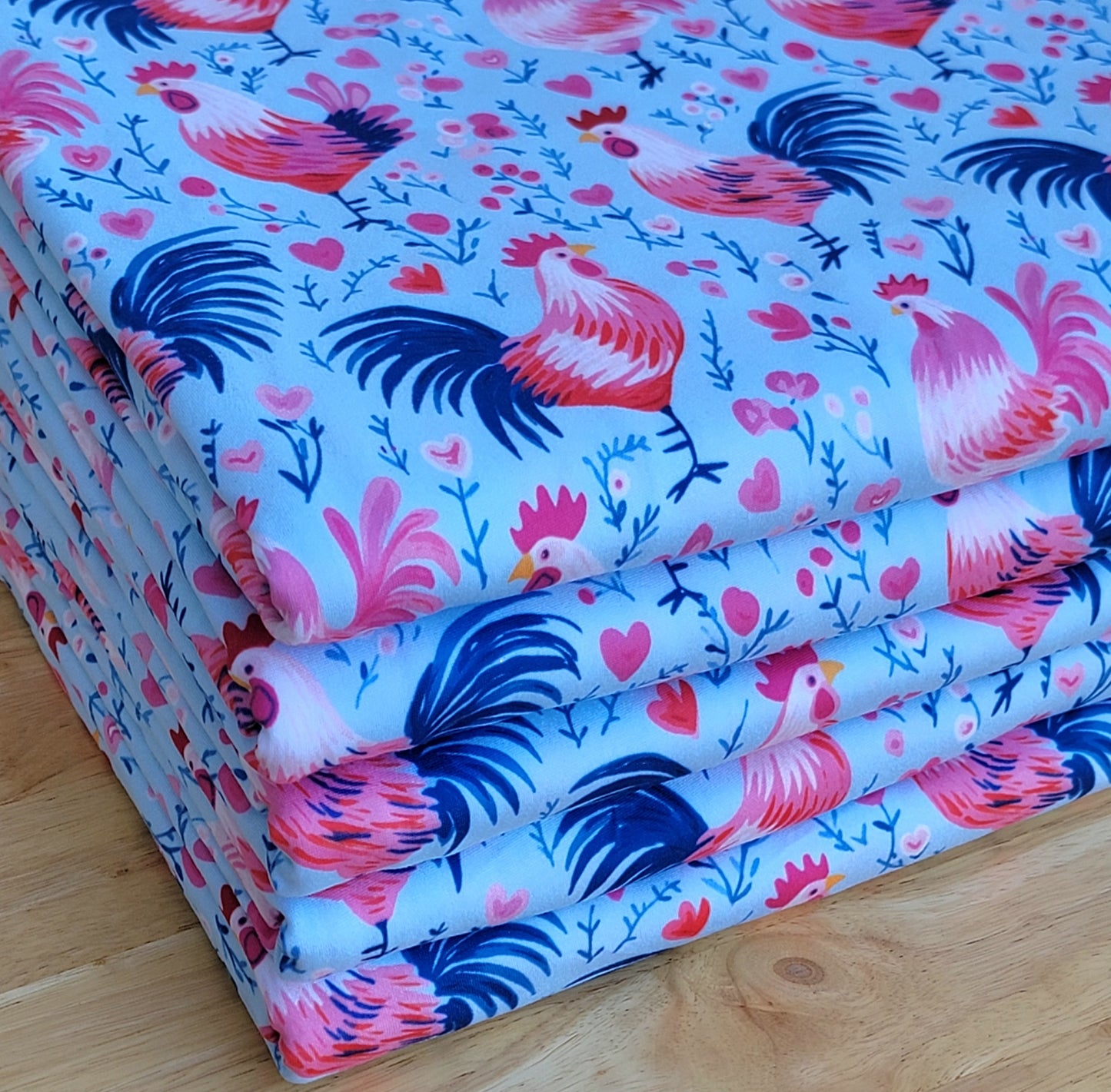 Double Brushed Poly Valentines print with Roosters and Hearts