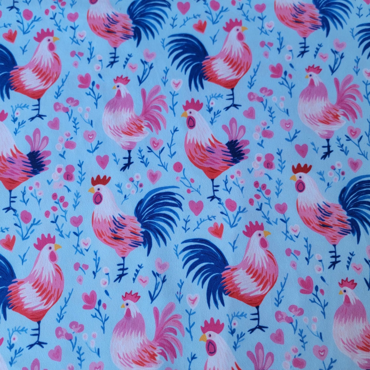 Double Brushed Poly Valentines print with Roosters and Hearts
