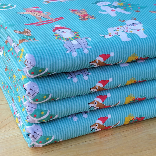 250GSM Double Brush Poly Christmast Dogs Green Stripes Print