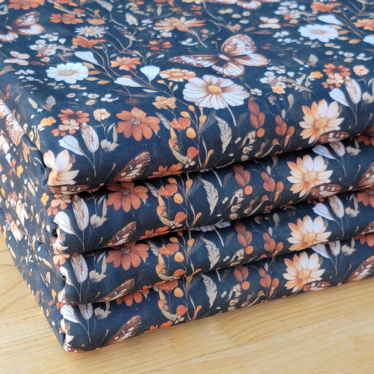 250GSM Double Brush Poly Black Base Butterflies & Floral Print