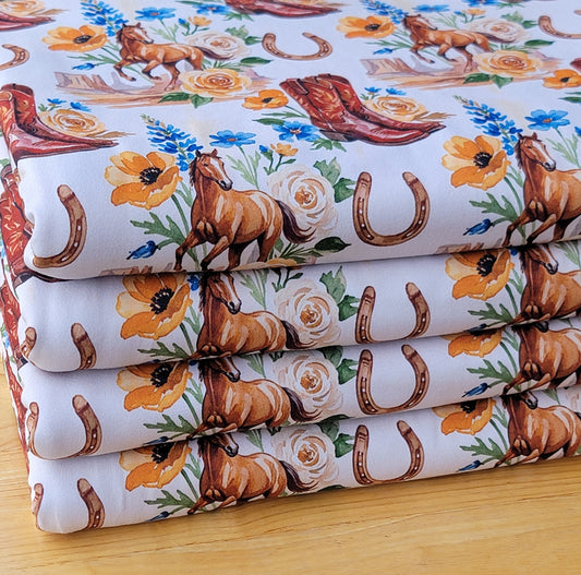 250GSM Double Brush Poly Western Boots & Horses Print
