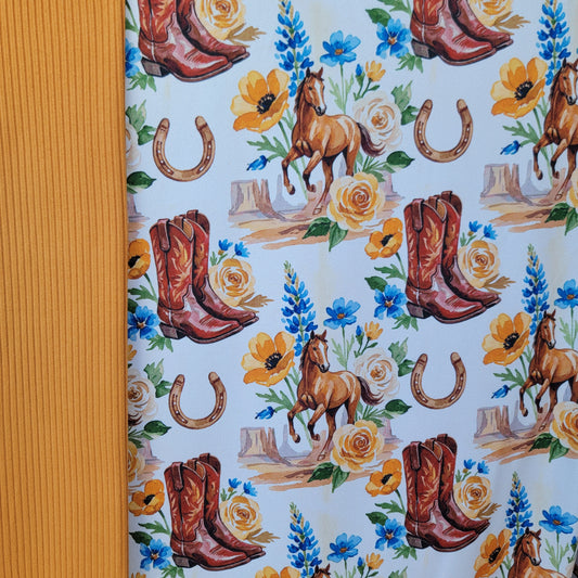Set 1 yard Custom DBP Western Boots Horses Print & 1 yard Solid Yummy Rib