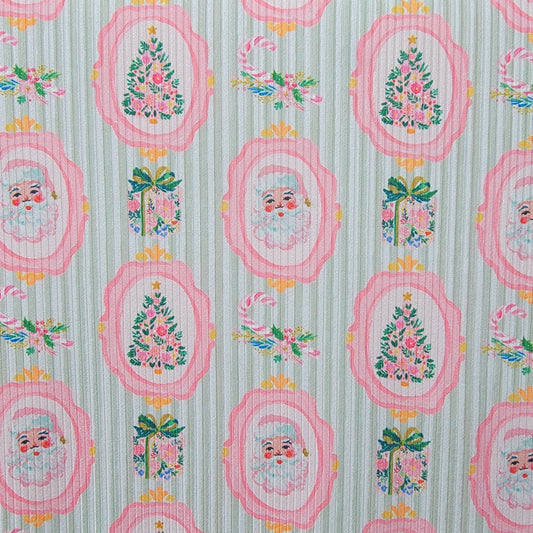 4x2 Yummy Rib Pink Santa Medallion Green Stripes