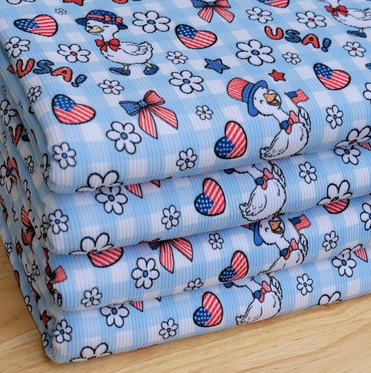 2x2 yummy rib Blue Gingham 4th of July Geese & Flags Print
