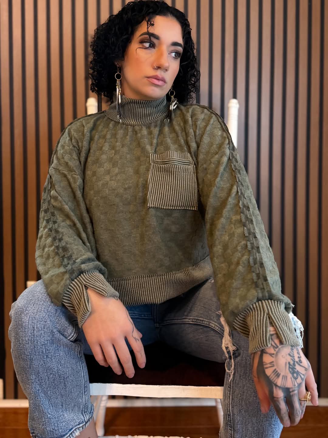 Checkered Jacquard Knit Olive