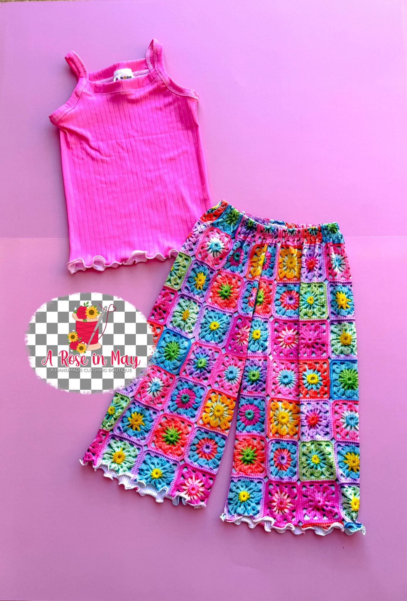 4x2 Yummy Rib Granny Squares Print Pink/Turquoise