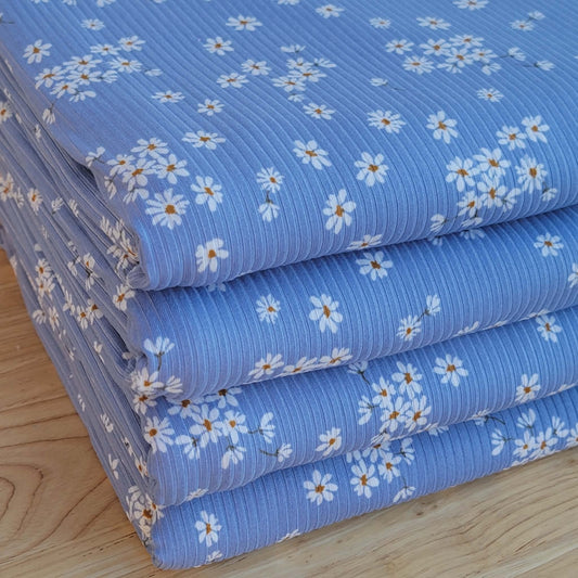 Yummy Rib Blue Base White Daisies Print